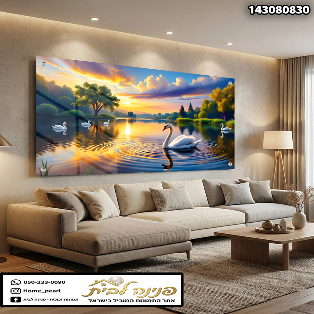 תמונה של נוף יפה עם ברווזים על המים - תמונות נוי - צבעים כחול, כתום וירוק