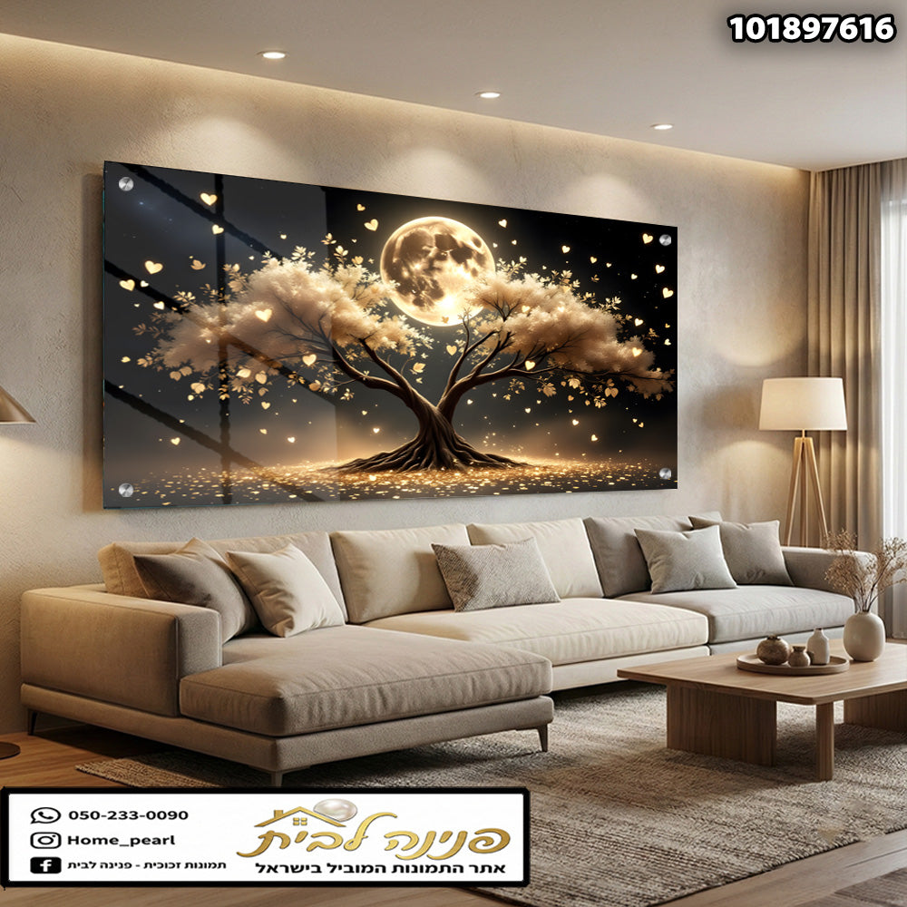 תמונה של עץ יפהפה עם ירח בלילה - תמונות קיר - צבעים זהב ושחור