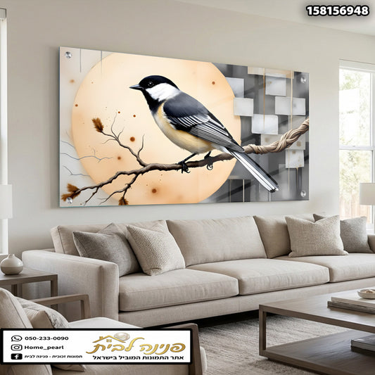 תמונה של ציפור על ענף - תמונות לסלון - צבעים של קרם, אפור ושחור