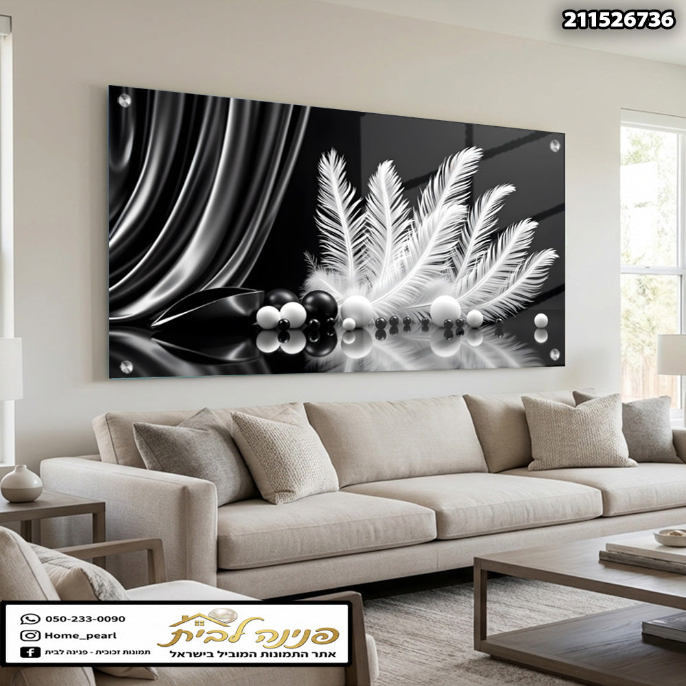 תמונה של תמונה מודרנית עם עלים לבנים ועיגולים בשחור ולבן - תמונות קיר - שחור ולבן