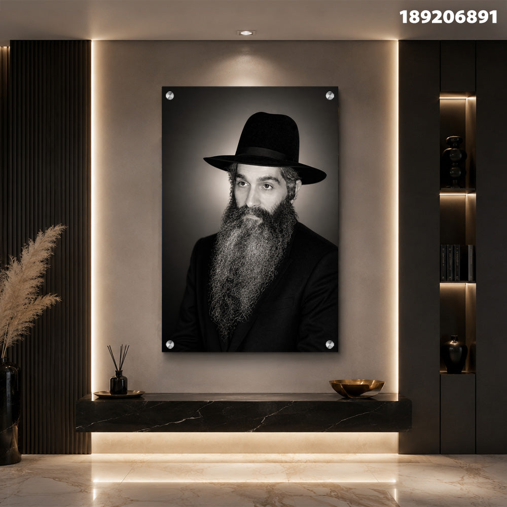 תמונות זכוכית - דיוקן שחור-לבן של רב עם כובע רחב וזקן ארוך תמונות זכוכית לסלון תמונות לבית תמונות קיר הדפסה על זכוכית