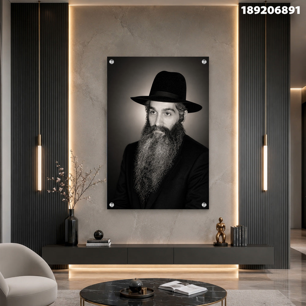 תמונות זכוכית - דיוקן שחור-לבן של רב עם כובע רחב וזקן ארוך תמונות זכוכית לסלון תמונות לבית תמונות קיר הדפסה על זכוכית