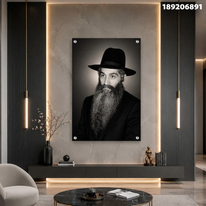תמונה בשחור לבן של אדם עם זקן וכובע - תמונות זכוכית - צבעים בשחור ולבן