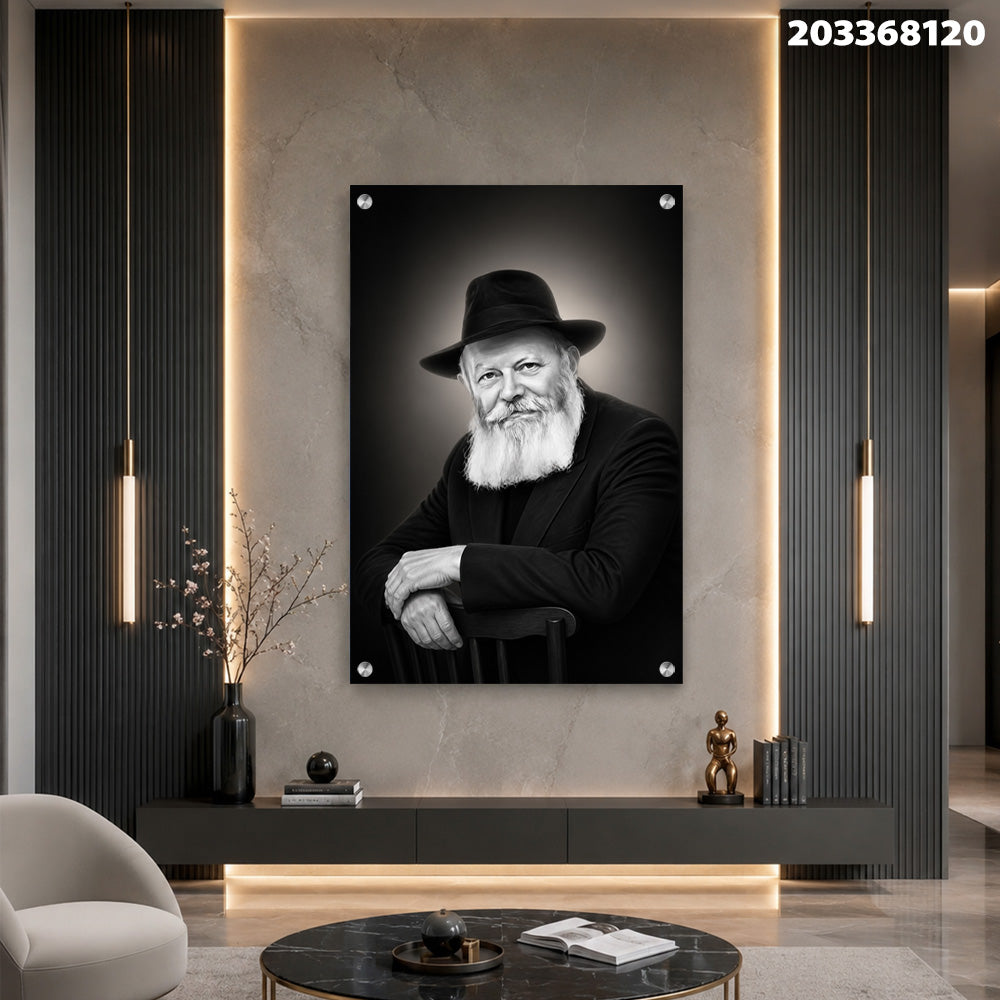 תמונות נוי - דיוקן שחור-לבן של רב מזוקן עם כובע קלאסי תמונות זכוכית לסלון תמונות לבית תמונות קיר הדפסה על זכוכית