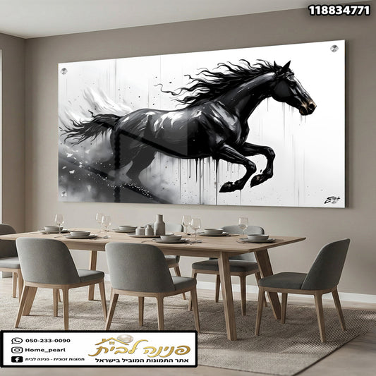 תמונה של סוס שחור קופץ על קיר - תמונות לבית - צבעים בשחור ולבן