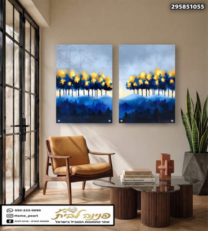 תמונות זכוכית לסלון בגדלים 40X60 עד 100X200 ס"מ – זוג עצים כחולים וזהב, מידות לבחירה