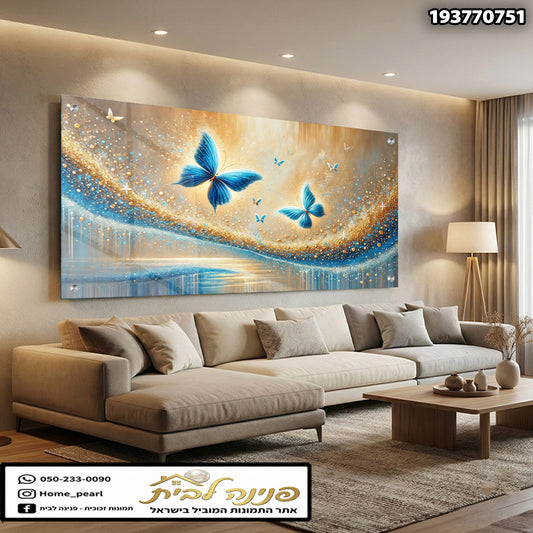 תמונה של פרפרים צבעוניים על קיר - תמונות קיר - צבעים כחולים וזהב