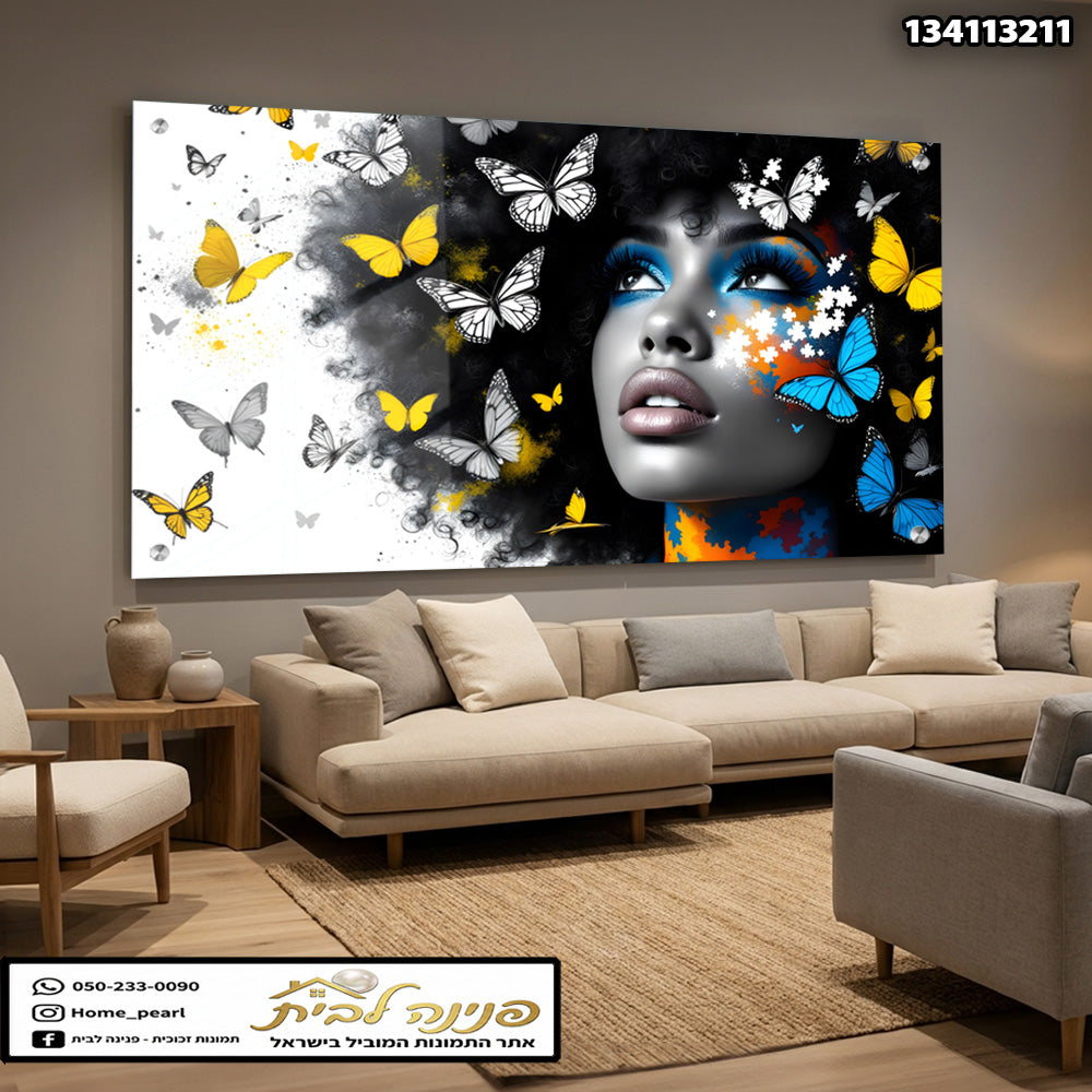תמונות זכוכית - דיוקן אישה דרמטי עם פרפרים צהובים וכחולים תמונות זכוכית לסלון תמונות לבית תמונות קיר הדפסה על זכוכית
