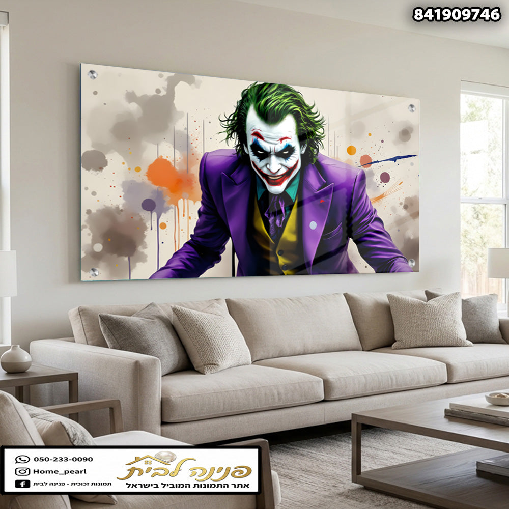 הדפסה על זכוכית - דיוקן דרמטי בסגול וירוק עם כתמי צבע אורבניים תמונות זכוכית לסלון תמונות לבית תמונות קיר הדפסה על זכוכית