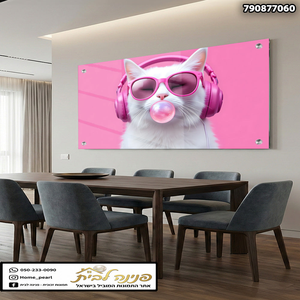 תמונה של חתול עם משקפי שמש ושמע עם צבעים ורוד ולבן - תמונות לבית - ורוד ולבן