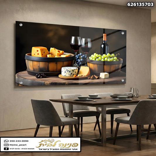 תמונה של פלטת גבינות עם יין - תמונות לבית - צבעים חומים, ירוקים ושחורים