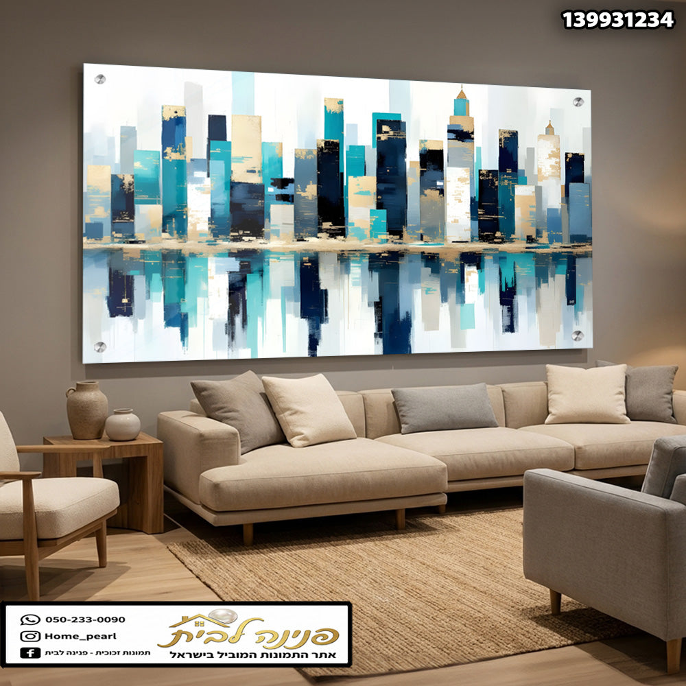 תמונה של נוף עירוני - תמונות קיר - צבעים כחול, לבן, זהב