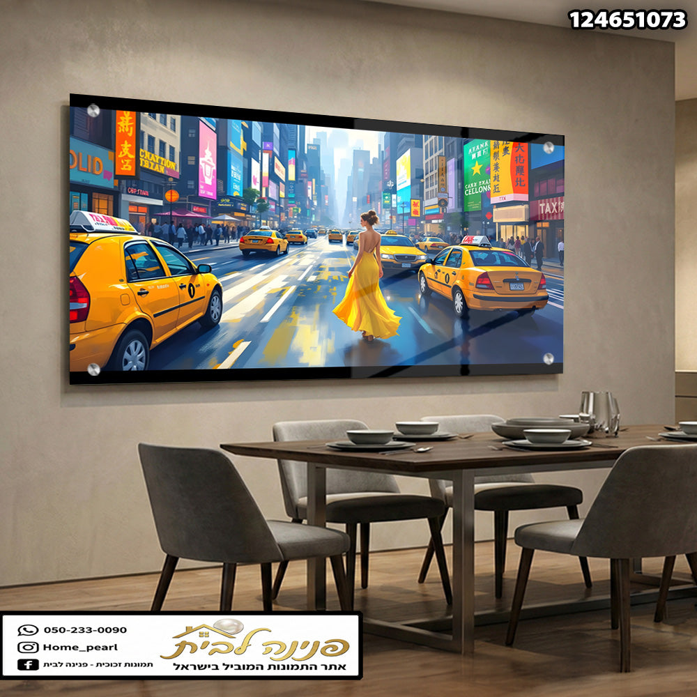 תמונה של נוף העיר עם מכוניות צהובות ואישה בשמלת כלה - תמונות נוי - צהוב וכחול