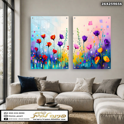 Set of two colorful abstract floral glass wall art panels with vibrant red, purple, pink, and yellow flowers in a modern living room above a beige sofa.