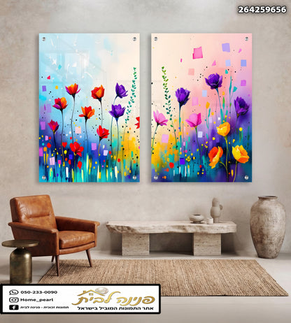 Set of two colorful glass wall art panels featuring abstract flowers in vibrant shades of purple, red, yellow, and pink, displayed in a modern living room.