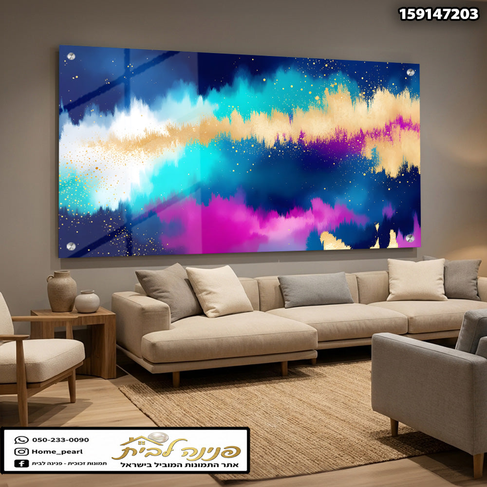 תמונה צבעונית של אמנות מופשטת לקDecoration לסלון - תמונות לסלון - צבעים כחול, ורוד, וזהב
