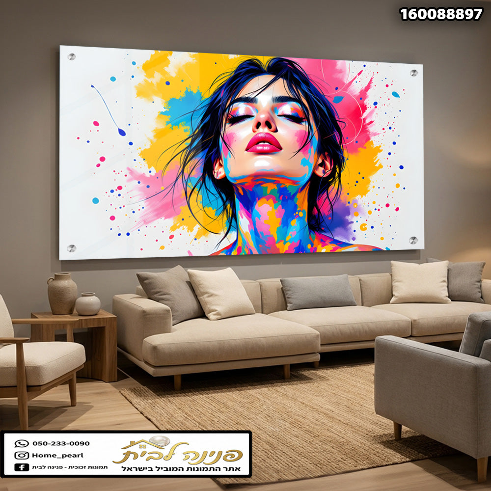 תמונה צבעונית של אישה - תמונות קיר - צבעים בולטים של ורוד, כחול וצהוב
