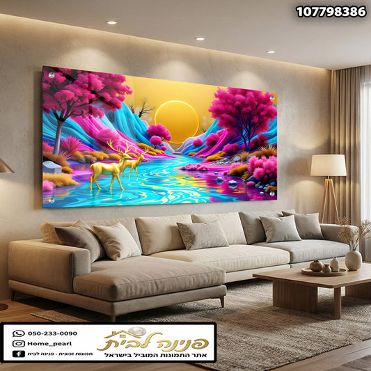 תמונה צבעונית של נוף עם צבי ושמש - תמונות נוי - צבעים ורוד, כחול, צהוב