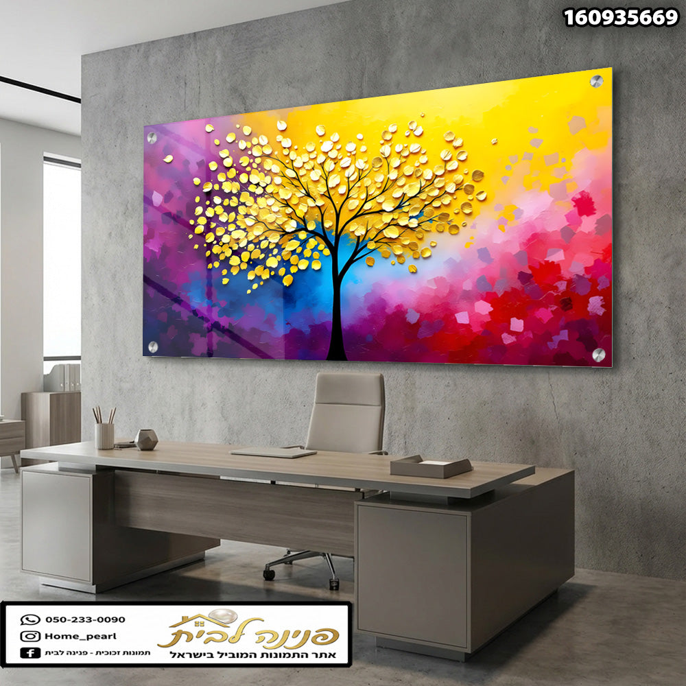 תמונות זכוכית - עץ זהב זוהר על רקע אבסטרקטי צבעוני תמונות זכוכית לסלון תמונות לבית תמונות קיר הדפסה על זכוכית