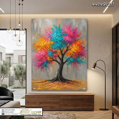 ציור של עץ צבעוני עם עלים בגוונים שונים - תמונות נוי - צבעים עיקריים ירוק, כתום, ורוד