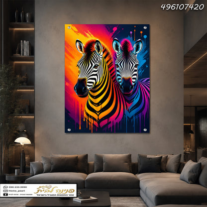 תמונה צבעונית של צמד zebras - תמונות נוי - צבעים עיקריים בתמונה הם כתום, סגול וכחול
