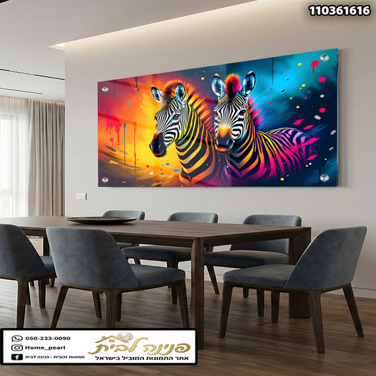 תמונה של זברות צבעוניות עם רקע צבעוני - תמונות לבית - צבעים שחור, כתום, כחול, ורוד