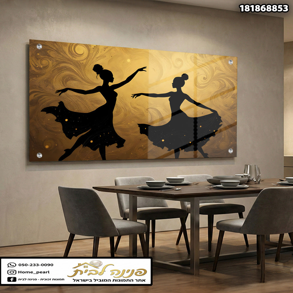 תמונה של סילואט רוקדות על רקע צבעי זהב - תמונות זכוכית - צבעים זהב ושחור