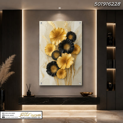 תמונה של יצירת אמנות דקורטיבית עם פר flowers בצבעים שחור וזהב - תמונות לבית - צבעים שחור וזהב