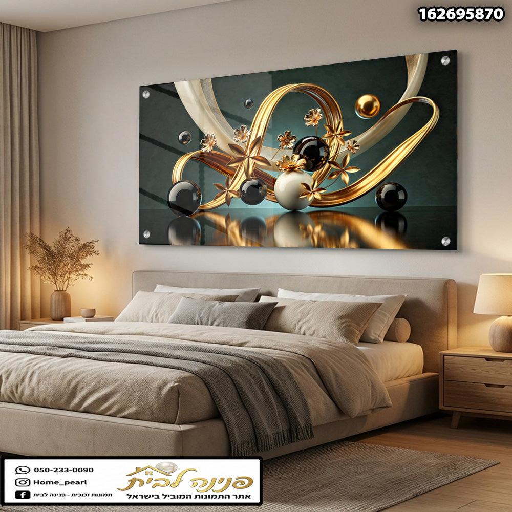 תמונה דקורטיבית על קיר - תמונות קיר - שחור, לבן, זהב