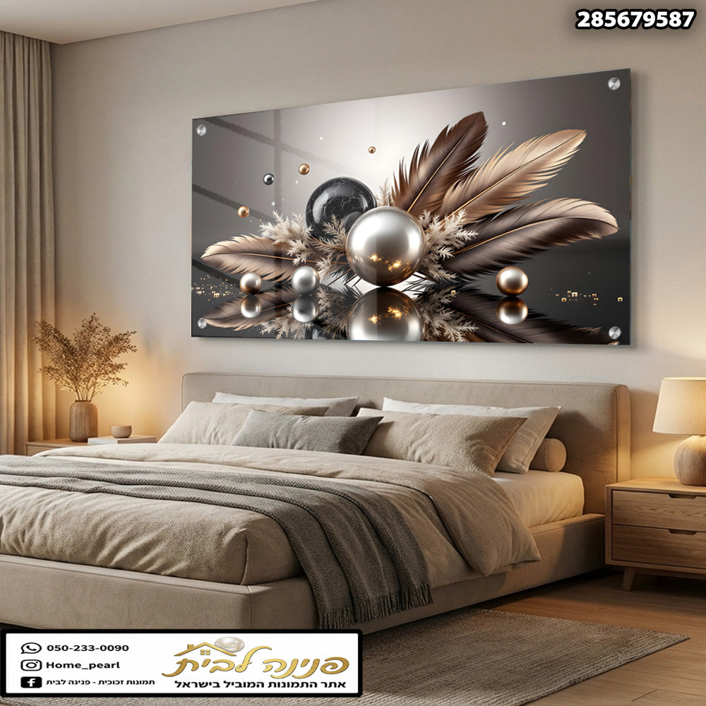 תמונה מעוצבת של כדורים ופנינים על רקע מעוצב - תמונות נוי - צבעים בגווני זהב, כסף ושחור