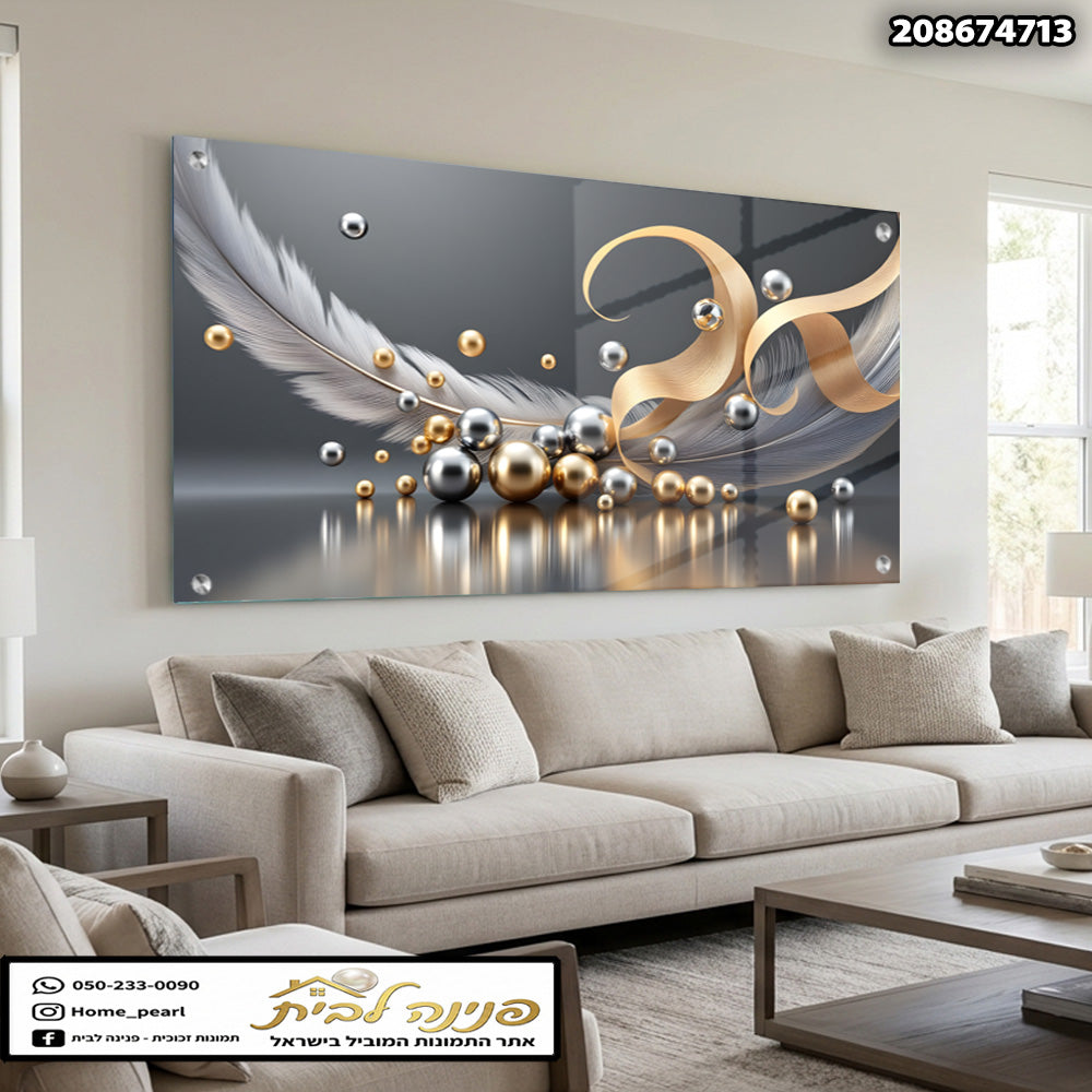 תמונה דקורטיבית של כדורים ופנינים על רקע אפור - תמונות קיר - זהב, כסף ואפור