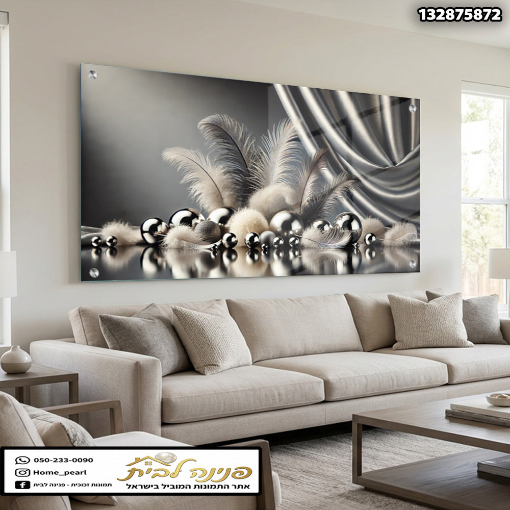 תמונה דקורטיבית של כדורים ונוצות - תמונות נוי - צבעים באפור