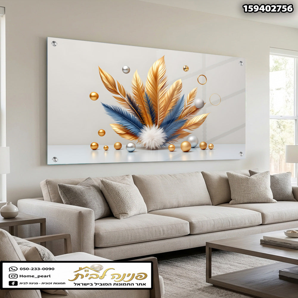 תמונה דקורטיבית על זכוכית עם עלים וצבעים עדינים - תמונות לבית - זהב, כחול, לבן