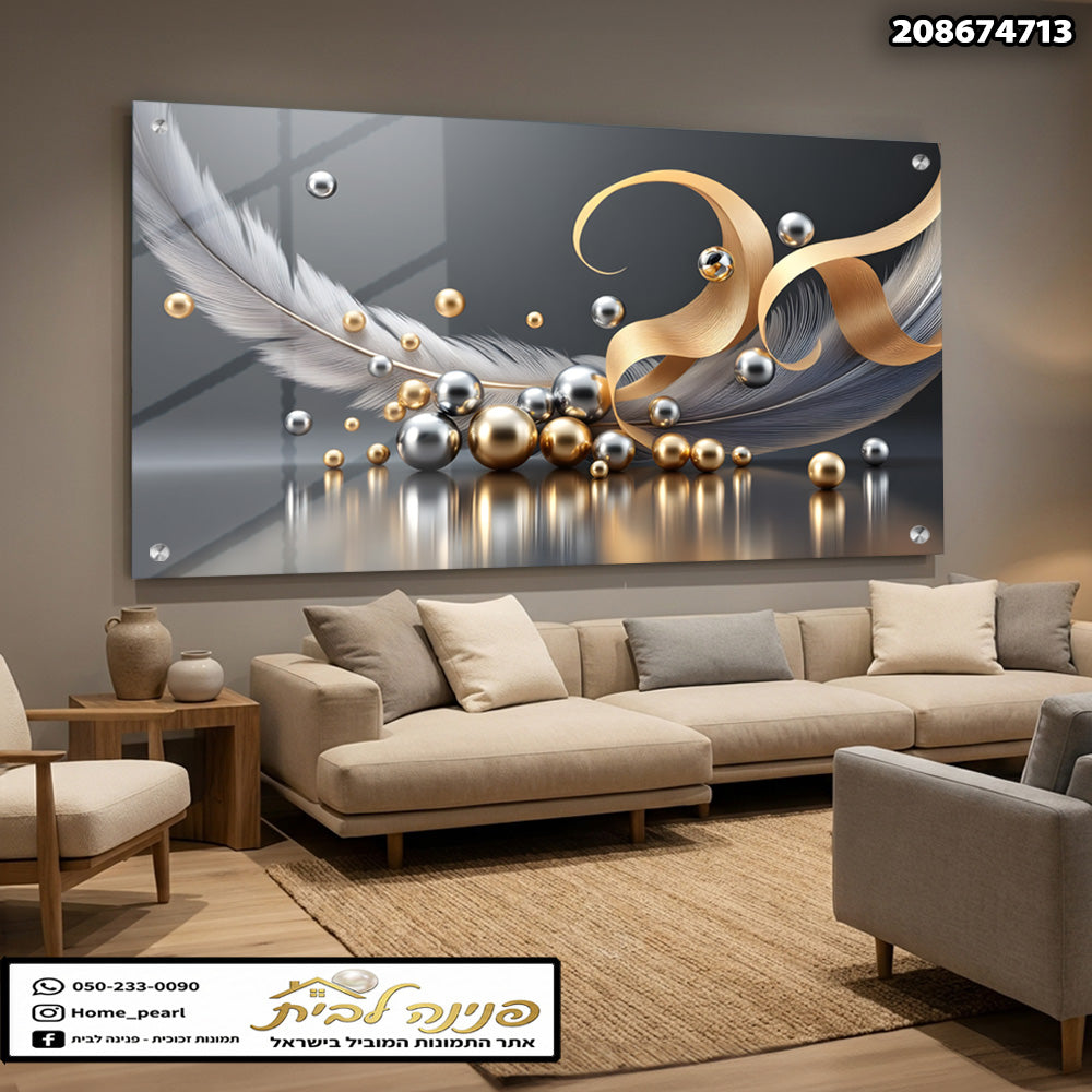 תמונה דקורטיבית על זכוכית עם צבעים של כסף וזהב - תמונות לבית - צבעים אפור, זהב וכסף