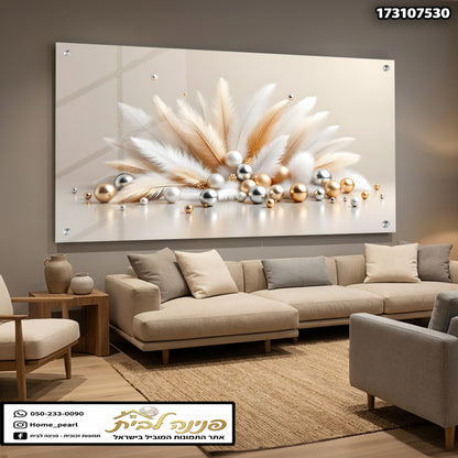 תמונה מע decorative art עם עלים וקישוטים - תמונות קיר - צבעים זהב, כסף ולבן