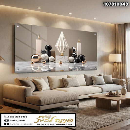תמונה מעוצבת לקיר עם נרות וגופי זכוכית - תמונות קיר - צבעים שחור, לבן הזהב