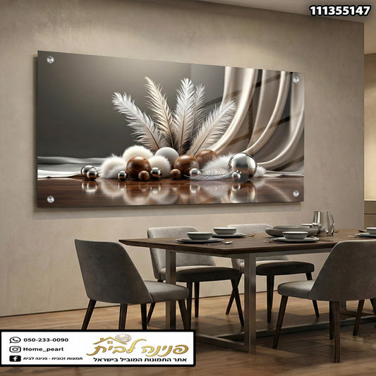 תמונה דקורטיבית המראה עיטור זכוכית עם נוי - תמונות קיר - חום-לבן-כסף