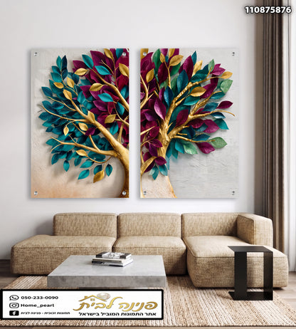 תמונת עץ דקורטיבי עם עלים בגווני טורקיז, סגול וזהב - תמונות קיר