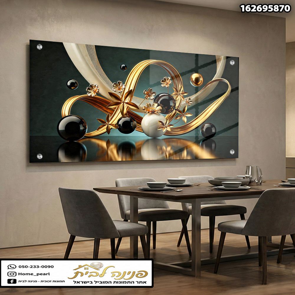 תמונות זכוכית - אבסטרקט יוקרתי של סרטי זהב וכדורים מבריקים תמונות זכוכית לסלון תמונות לבית תמונות קיר הדפסה על זכוכית