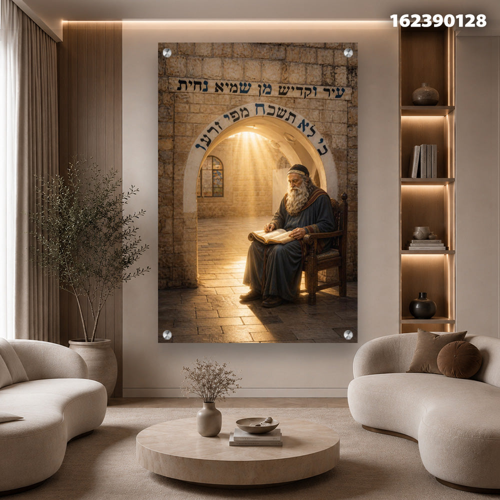 הדפסה על זכוכית - בית כנסת עתיק עם קרני אור וחכם לומד תמונות זכוכית לסלון תמונות לבית תמונות קיר הדפסה על זכוכית