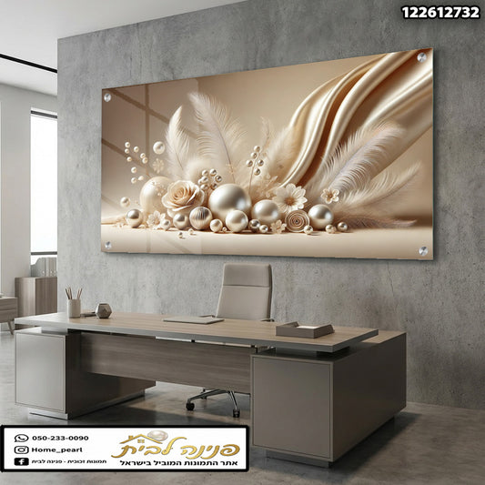 תמונה אלגנטית עם פרחים ועלה - תמונות לבית - גווני זהב וחלב