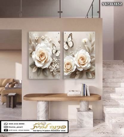 Set of two decorative glass wall art panels featuring white roses, butterflies, soft beige floral elements, and a luxurious modern design.