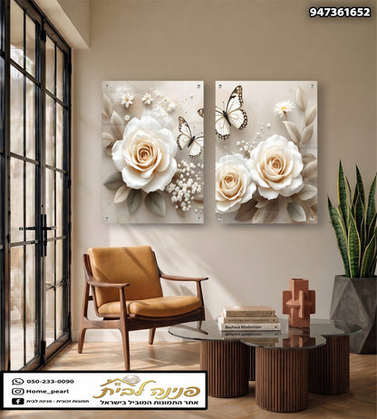 Set of two glass wall art panels featuring white roses, butterflies, and soft beige floral tones in a modern living room setting