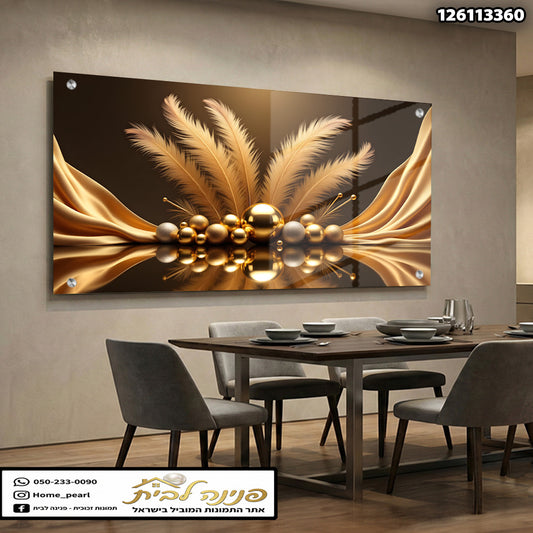 תמונה מעוצבת עם עלים וגלובוסים מזהב - תמונות נוי - צבעים זהב וחום