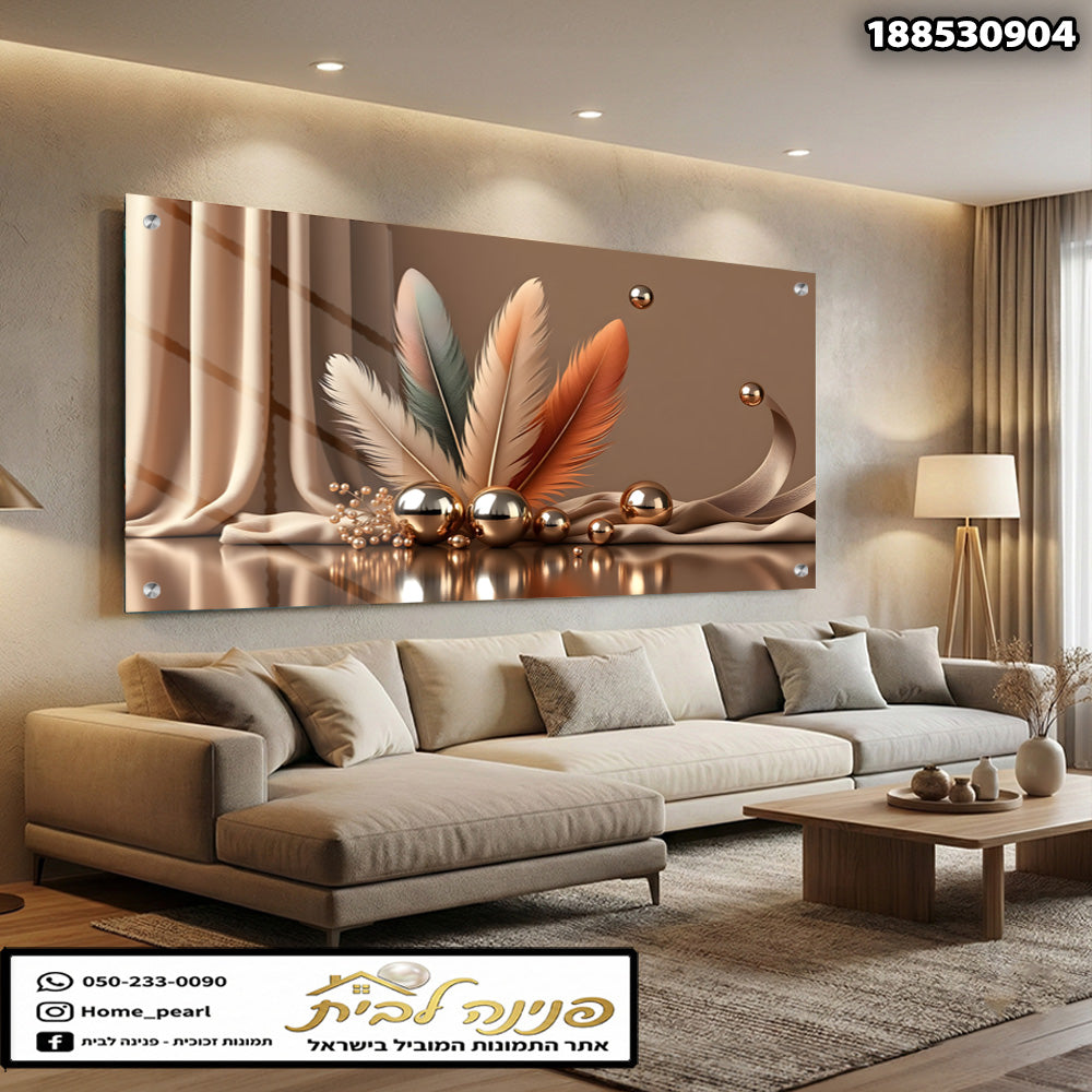 תמונה עיצובית עם נוצות וכדורי מתכת - תמונות קיר - צבעים חמים