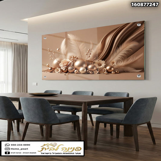 תמונה של דוגמת פרחים ודור על קיר סלון - תמונות קיר - צבעים חום ושמנת