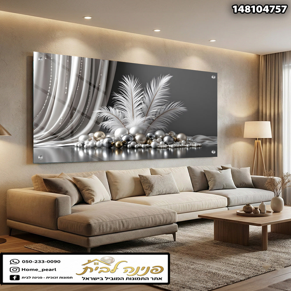 תמונה של יצירת אמנות מודרנית על זכוכית - תמונות לבית - צבעים אפור, לבן ו כסף