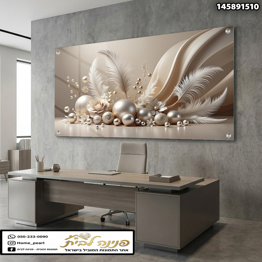 תמונות זכוכית - קומפוזיציית נוצות ופנינים בגווני שמנת וזהב עדין תמונות זכוכית לסלון תמונות לבית תמונות קיר הדפסה על זכוכית