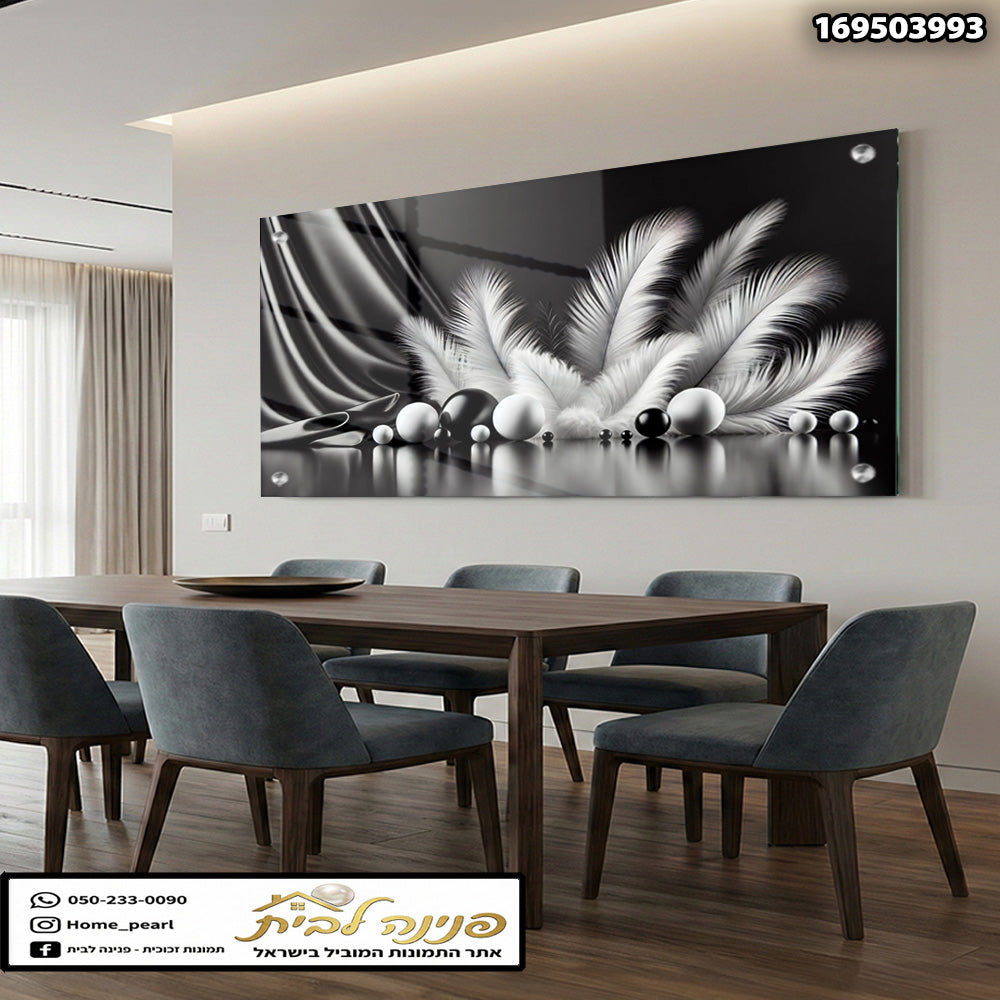 תמונה אלגנטית של אמנות מודרנית על קירות סלון - הדפסה על זכוכית - צבעים בשחור ולבן