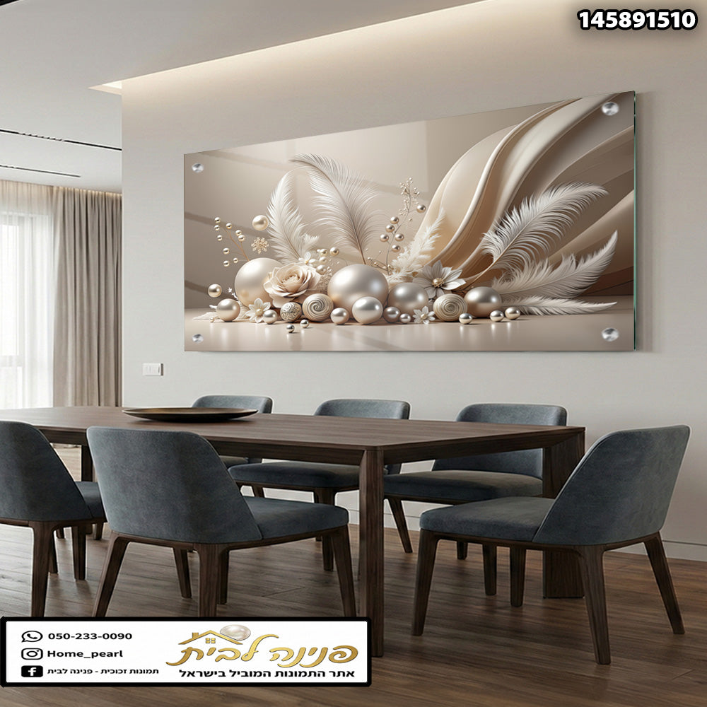 תמונה דקורטיבית של פרחים וענבים על זכוכית - תמונות נוי - צבעים ניטרליים